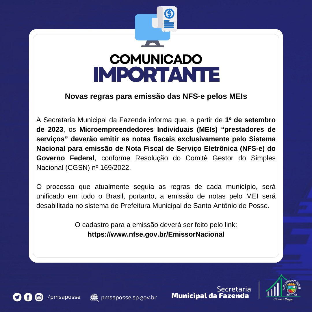 Novas regras para emissão das NFS-e pelos MEIs – Prefeitura de Santo  Antônio de Posse